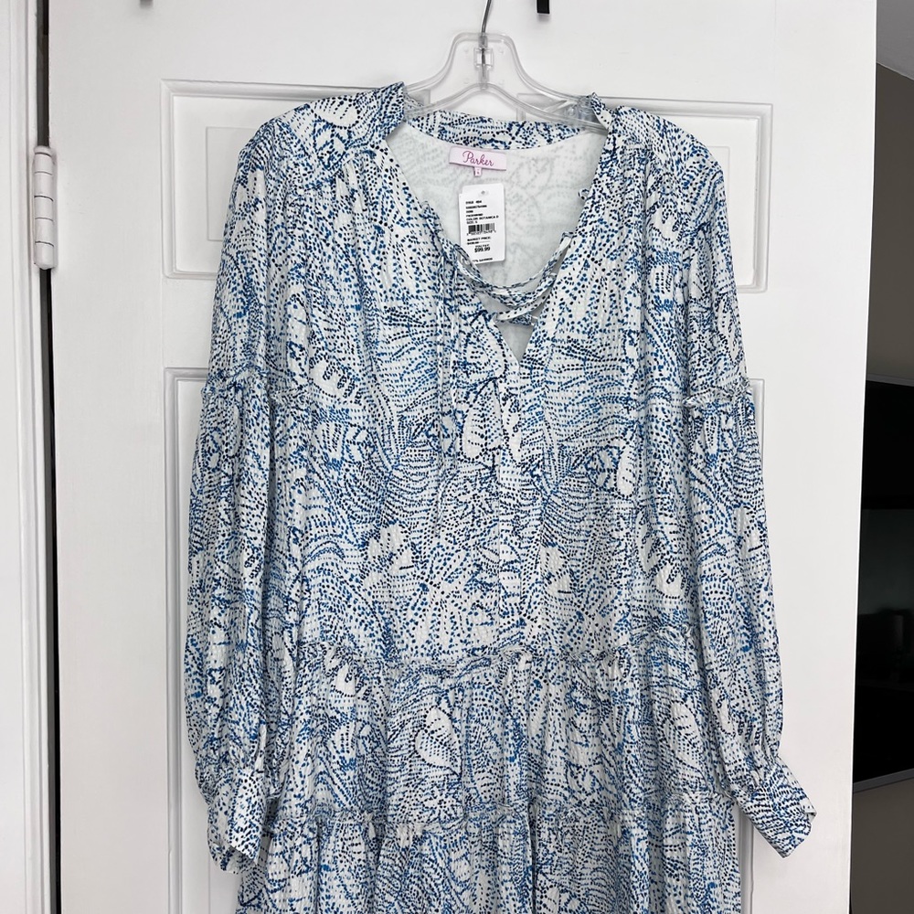 Parker sz Small Silk Drop Waist white/blue print dress